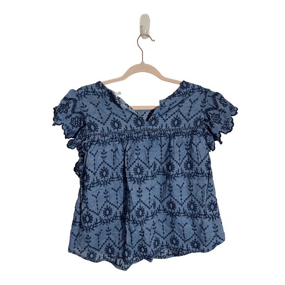 Crown & Ivy Boho Chambray Embroidered Blue Floral Baby Doll Western Lace Top L - Picture 7 of 7